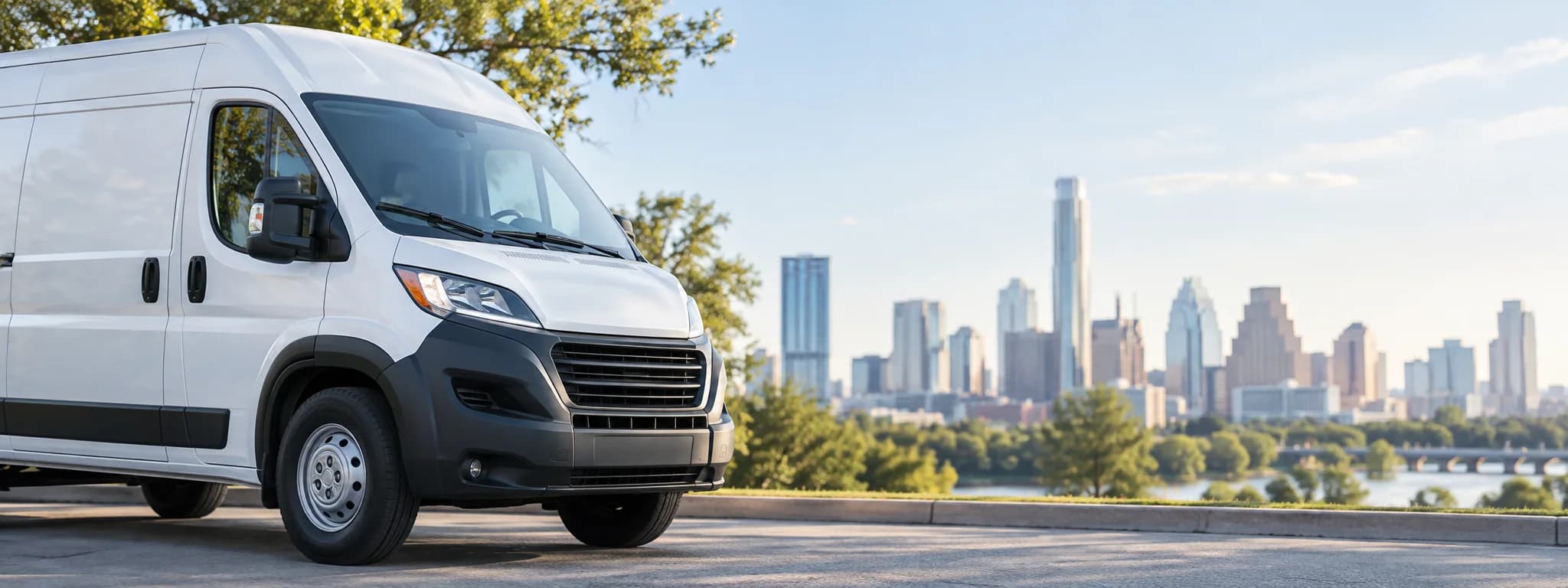 A white service van parked above the Austin skyline